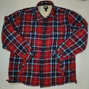 Lands End Plaid Flannel Shearling Lined Jacket Shirt L Red Blue Mens winter camp